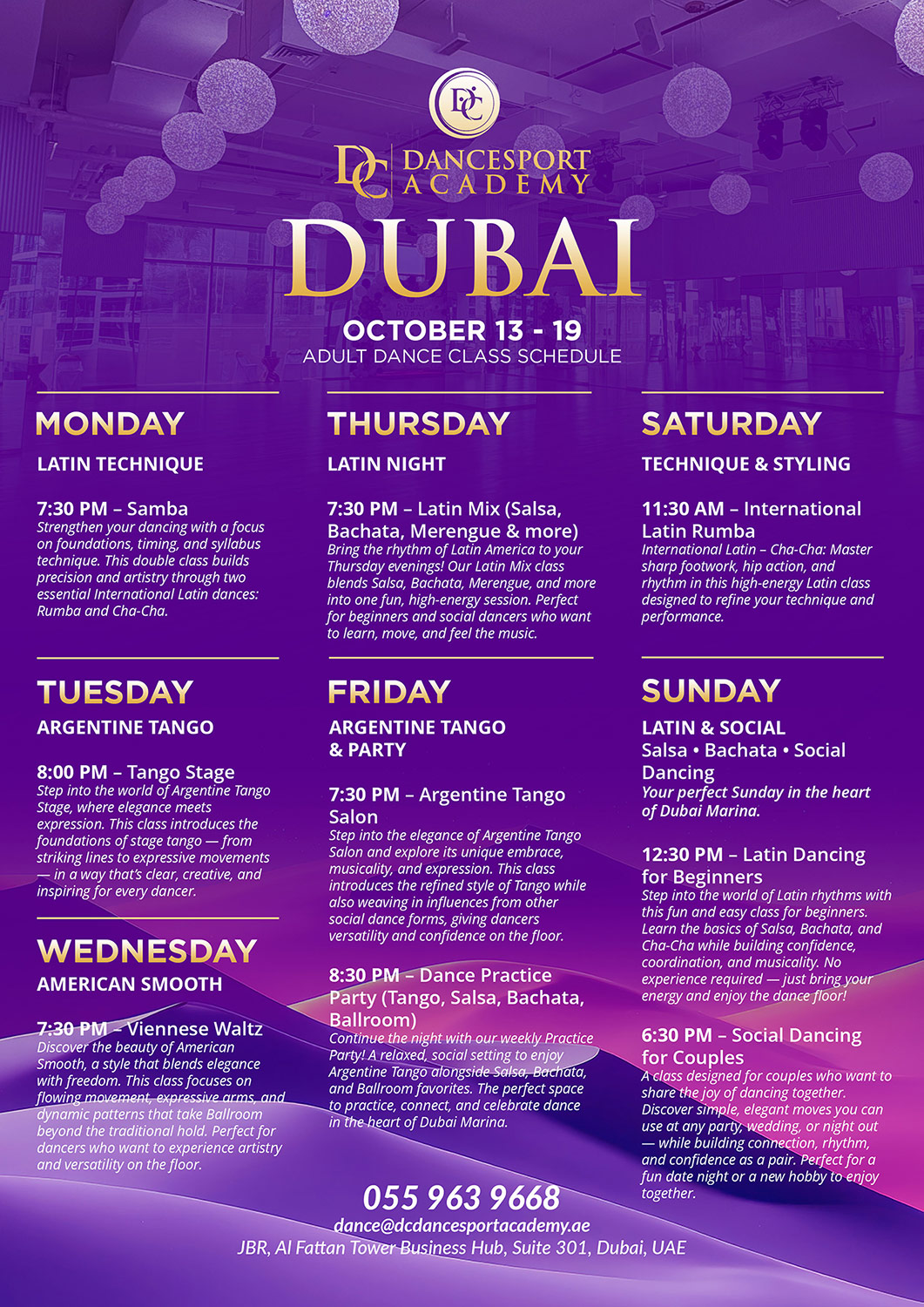 DC DanceSport Academy Dance Class Schedule October 13-19