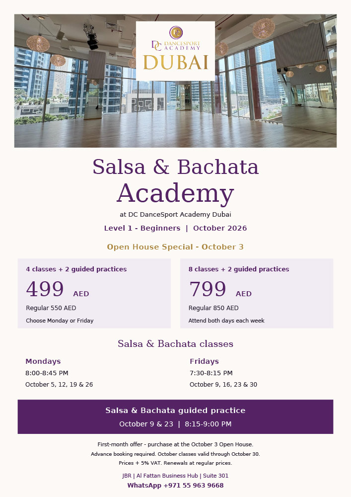 Salsa & Bachata Open House Offer at DC Dancesport Academy Dubai Salsa & Bachata Open House Offer at DC Dancesport Academy Dubai